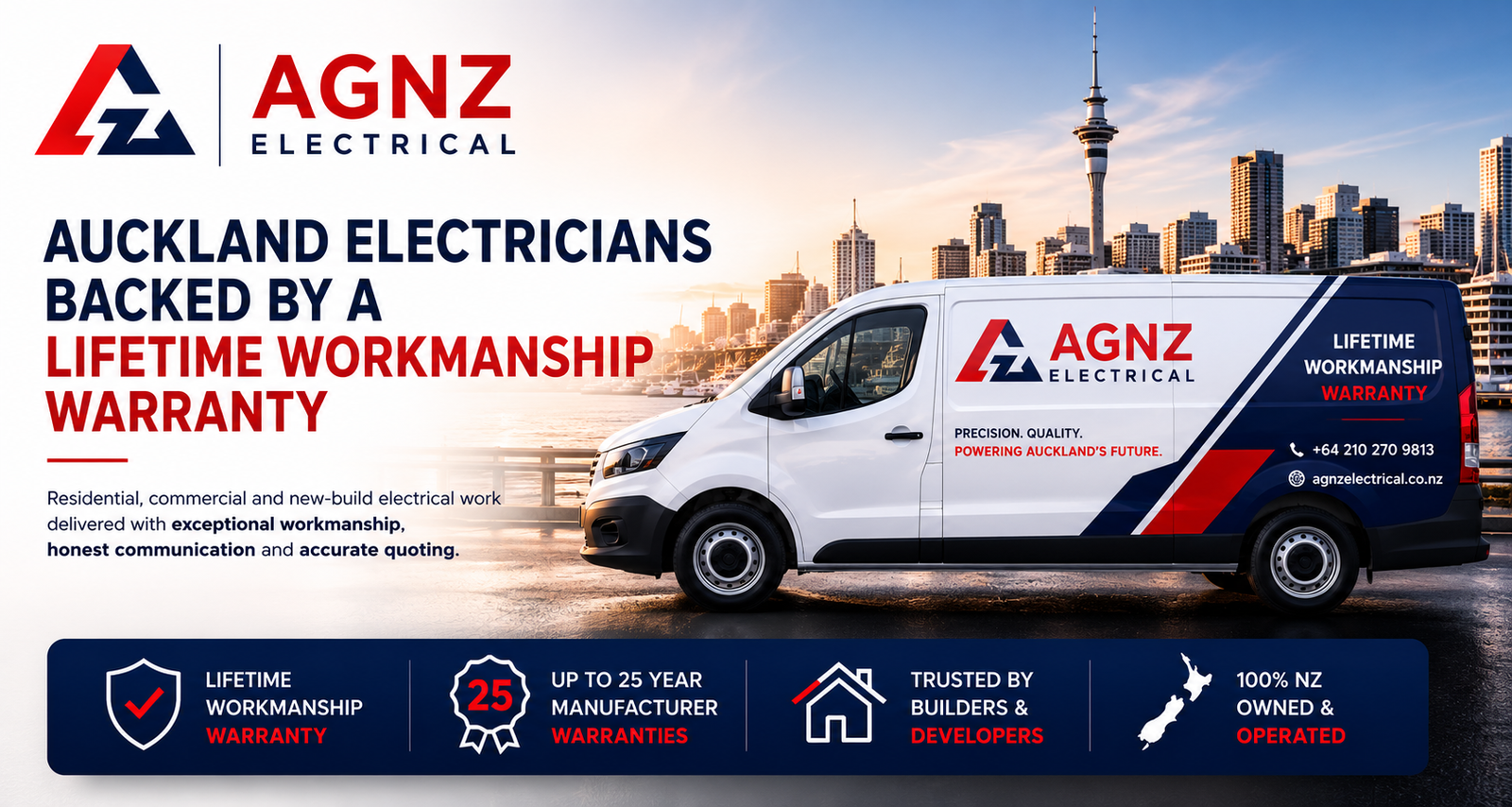 AGNZ Electrical — Auckland electricians backed by a lifetime workmanship warranty. Residential, commercial and new-build electrical work.